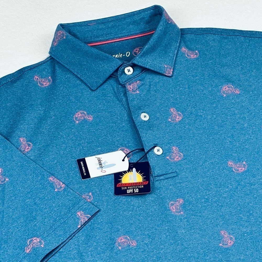 Johnnie-O Men’s Prep-formance Flamingo Floaty Lake Blue Golf Polo Shirt - Picture 10 of 10